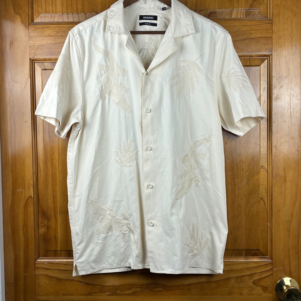 NWT Murano Crocodile World Slim Fit Embroidered Shirt Cream Short Sleeve L